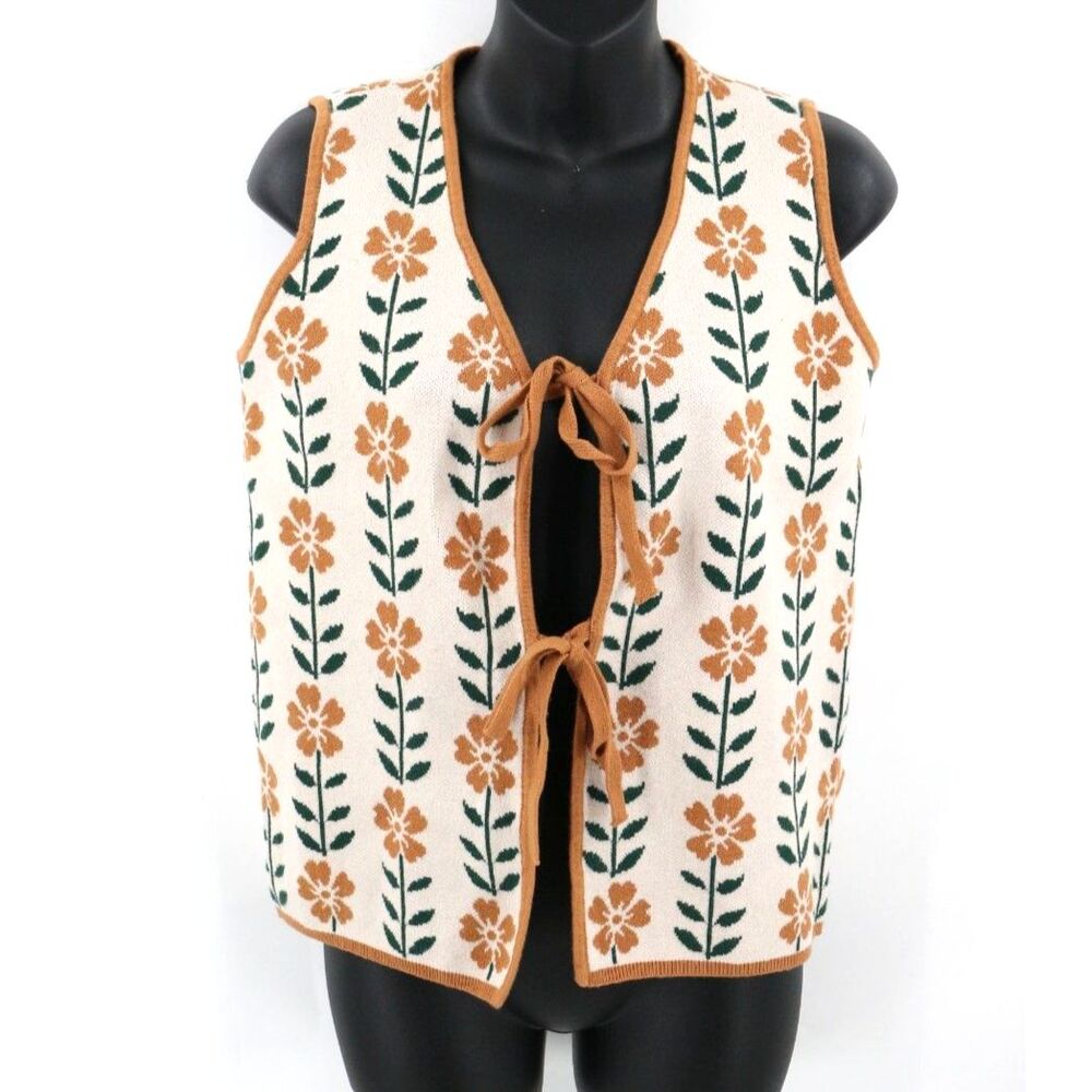Zesica Womens Tie Front Sweater Vest Size Small Floral Fall Tight Knit